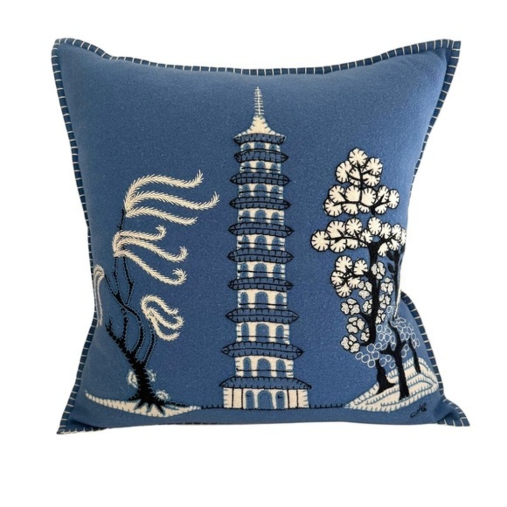 NWT‎ Jan Constantine England Pillow Blue Felted Wool Embroidered Pagoda Trees